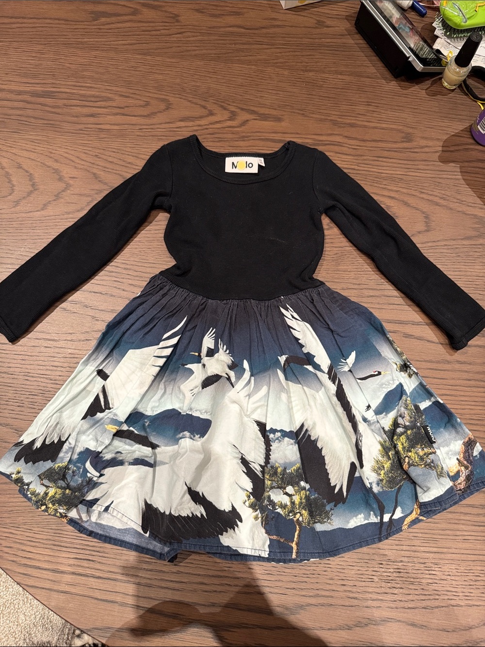 Molo Black Top with Blue & White Crane Print Skirt Dress